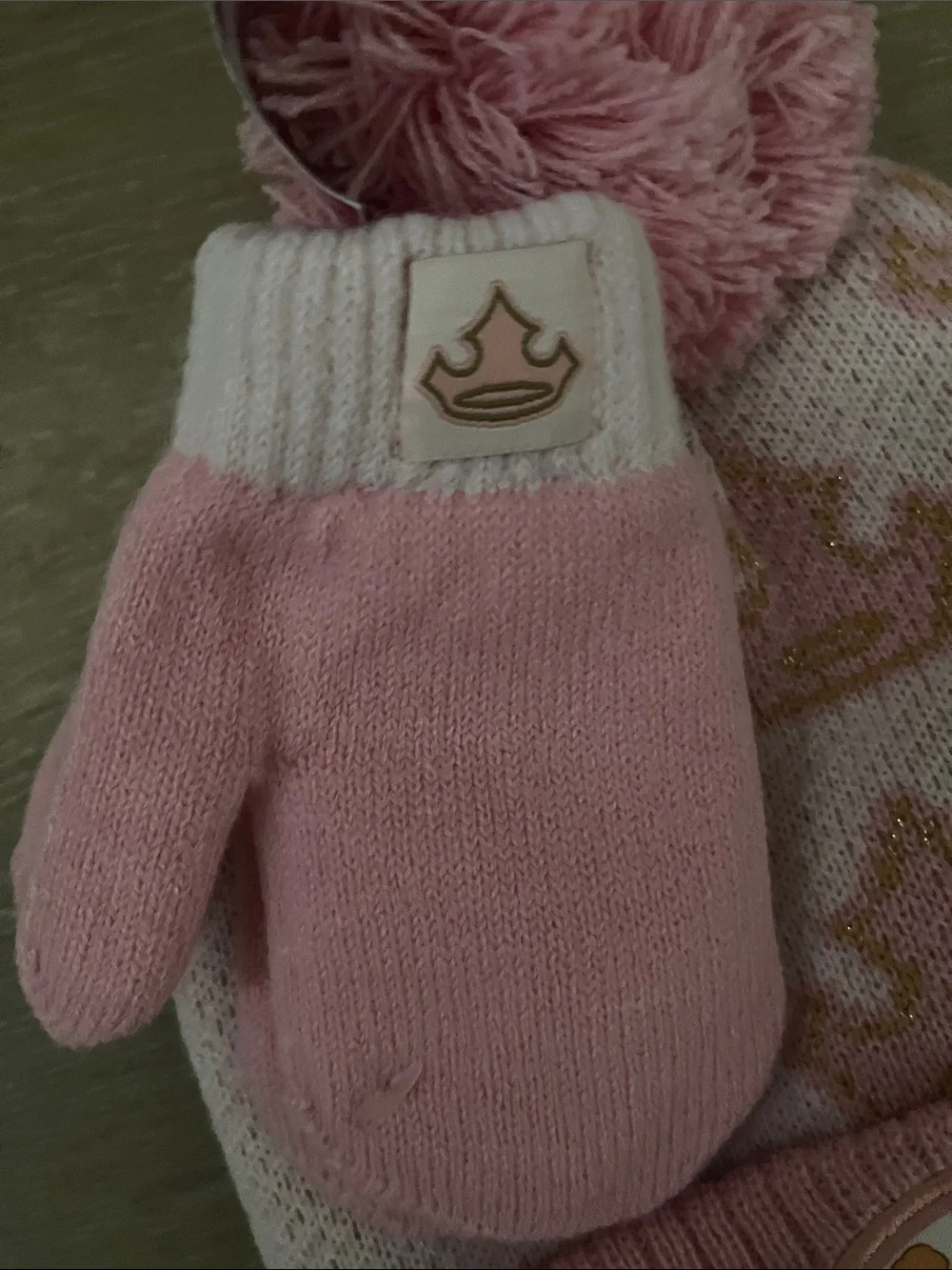 Disney Pink and Gold Princess Pom Beanie with Matching Mittens